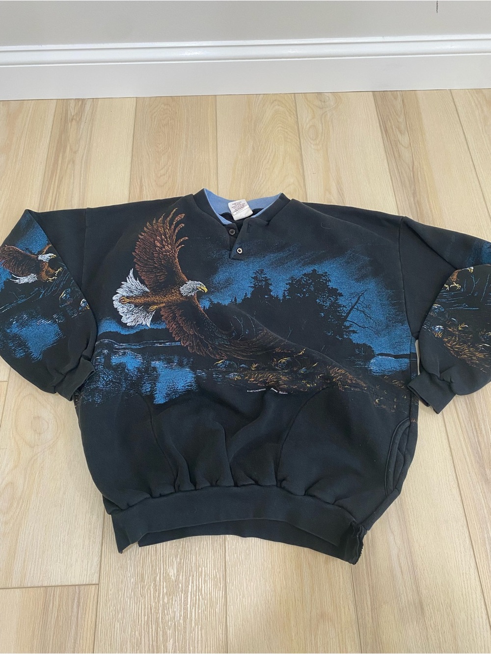 Vtg 90s Art Unlimited Henley Sweatshirt Adult Sz XL Black Bald Eagle